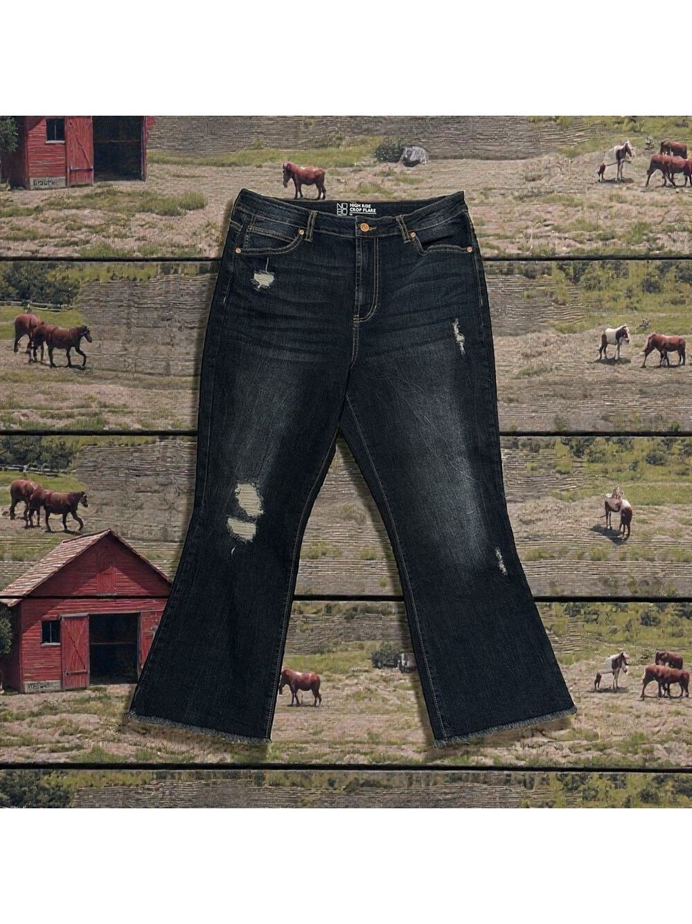 No Boundaries Cowgirl CROP Flare Jeans High Rise Juniors 15 Distress Raw Hem